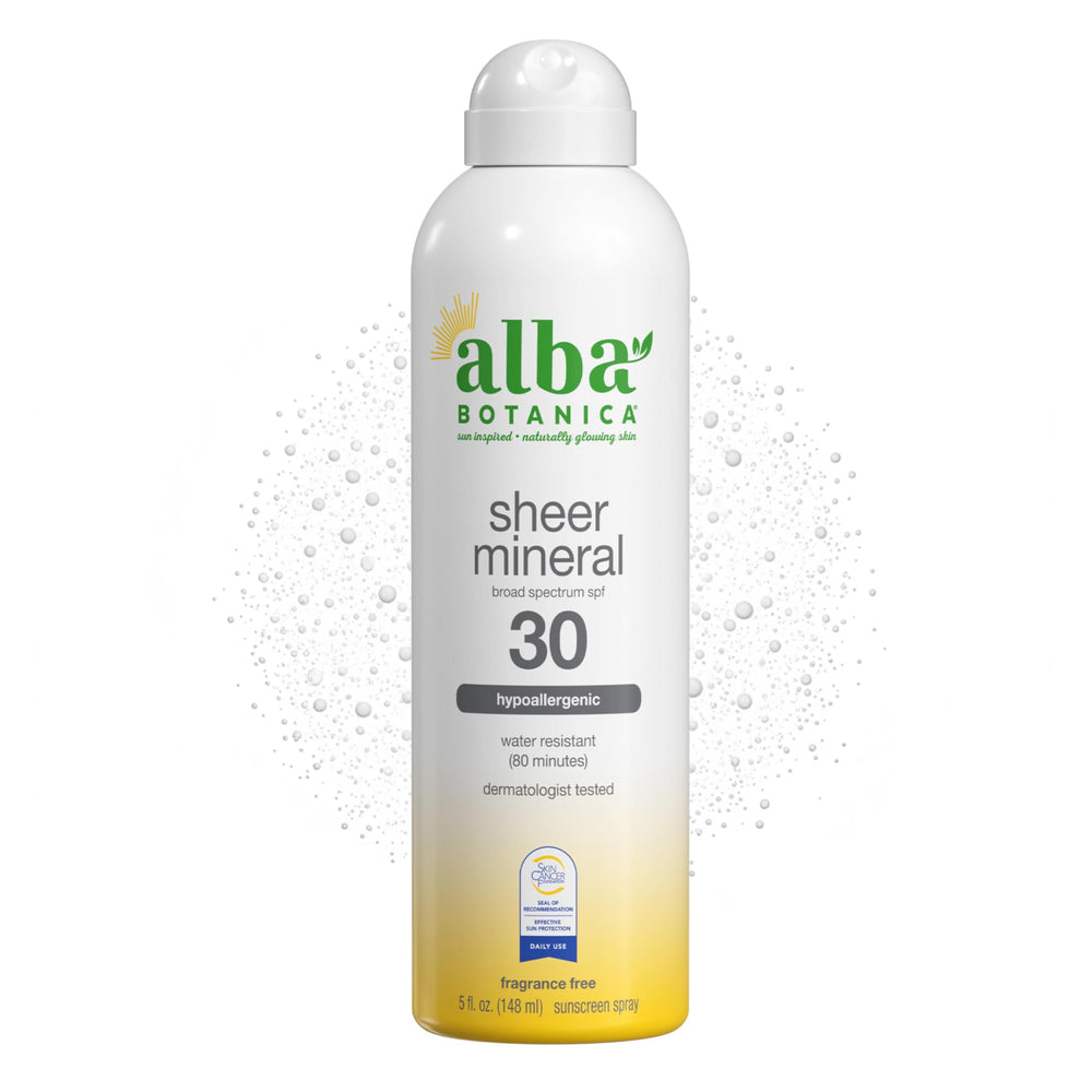 Alba Botanica Sheer Mineral Sunscreen Spray SPF 30 bottle offering broad spectrum protection.