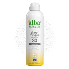 Alba Botanica Sheer Mineral Sunscreen Spray SPF 30 bottle offering broad spectrum protection.