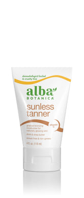 Alba Botanica Sunless Tanner bottle shows moisturizing, buildable bronze glow