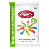 Albanese World's Best sour mini neon worms blue raspberry offer a bold tart flavor for party snacking.