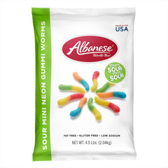 Albanese World's Best sour mini neon worms blue raspberry offer a bold tart flavor for party snacking.