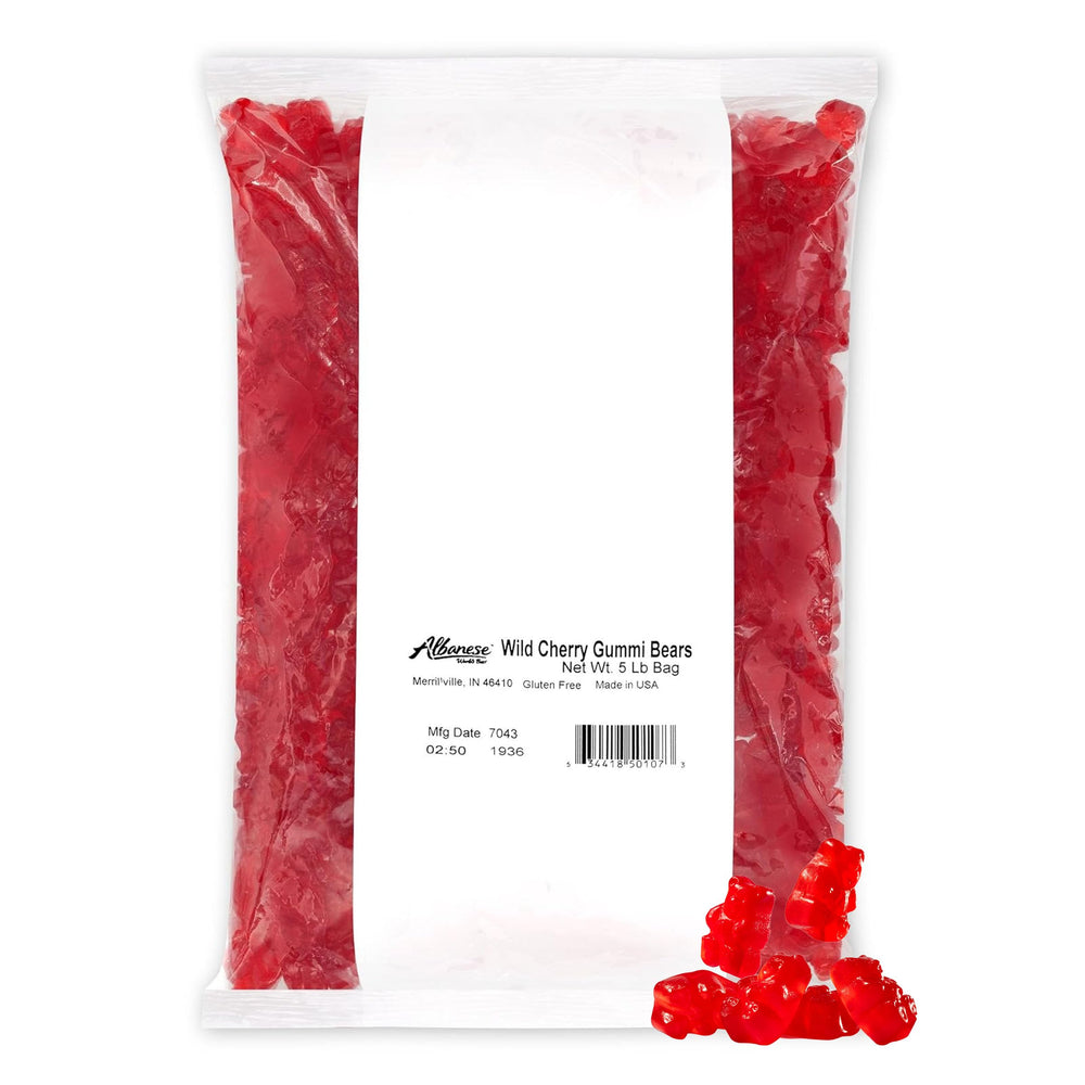 Albanese Wild Cherry Gummi Bears 5lb bag, soft chew for bulk snacking.