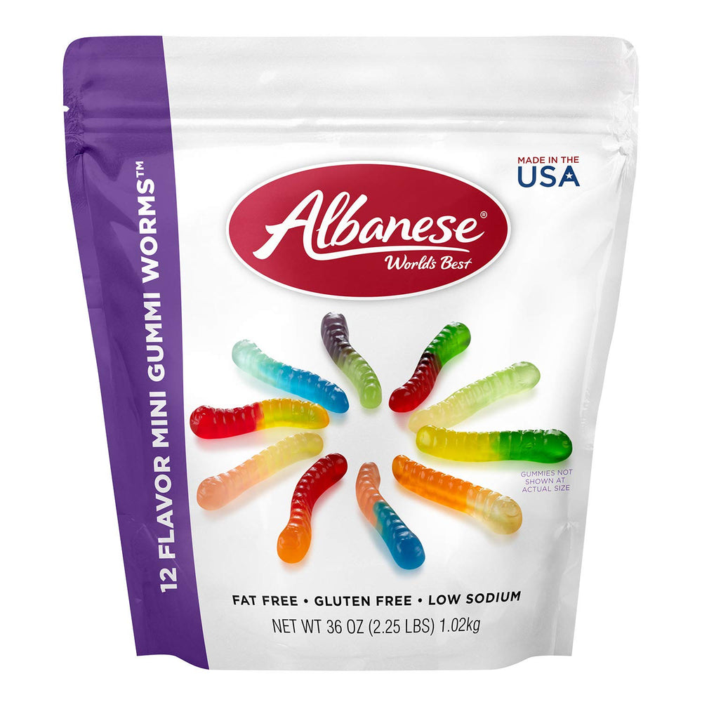 Albanese World's Best mini gummi worms bag front view, perfect for sharing.