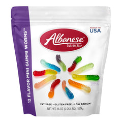 Albanese World's Best mini gummi worms bag front view, perfect for sharing.