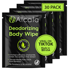 Alcala deodorizing body wipes front packaging shown, ideal for quick refresh on the go.