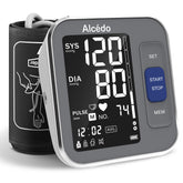 Alcedo blood pressure monitor display with clear readings on a backlit screen.