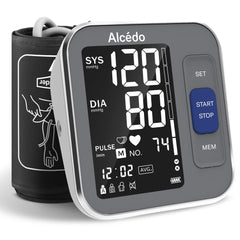 Alcedo blood pressure monitor display with clear readings on a backlit screen.