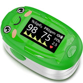 Alecaremed Pulse Oximeter for Kids on a finger shows SpO2 and heart rate.