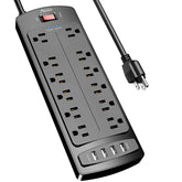 Alestor power strip with 12 outlets and 4 USB ports for organized multi-device charging.