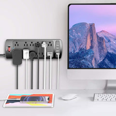 Alestor power strip shows its 6-foot cord for extended reach across a desk.