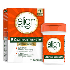 Align Probiotic Extra Strength bottle shows 5X probiotics for daily balance.