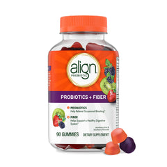 Align Probiotic + Fiber Gummies bottle front showing branding and daily use benefit