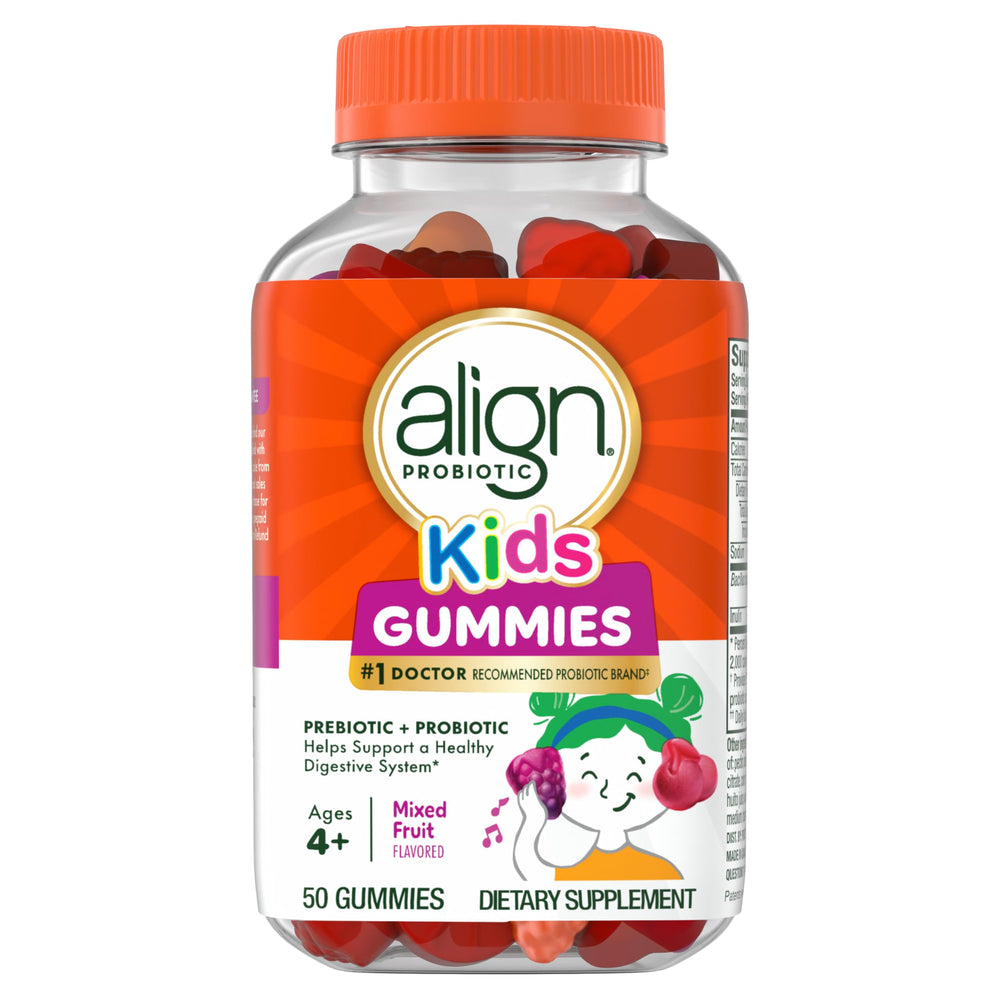 Align Probiotic Kids Gummies packaging front view shows dual prebiotic and probiotic benefits