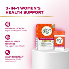 Align Probiotic Women's Dual Action capsules shown for easy daily use.