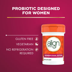 Align Probiotic Women's Dual Action label highlights Bifidobacterium 35624 and vaginal probiotics.