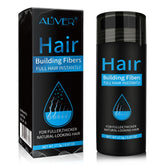 ALIVER hair fibers in a black jar close-up deliver natural-looking fullness instantly.