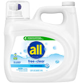 All Free Clear liquid detergent bottle showcasing fragrance-free formula gentle on sensitive skin.