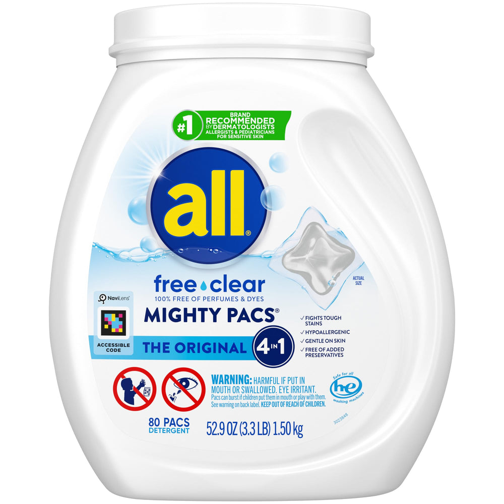 All Free Clear Mighty Pacs pack shot showing fragrance-free, hypoallergenic pods.