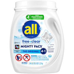 All Free Clear Mighty Pacs tub illustrates fragrance-free formula for sensitive skin.