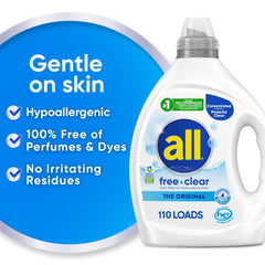 All free clear Original label closeup highlights fragrance-free, gentle-clean design.