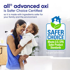 All Free Clear OXI 2X label close-up highlights dye-free and fragrance-free formula.