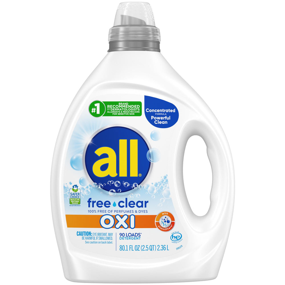 All Free Clear OXI bottle front showing gentle stain-fighting power for sensitive skin.