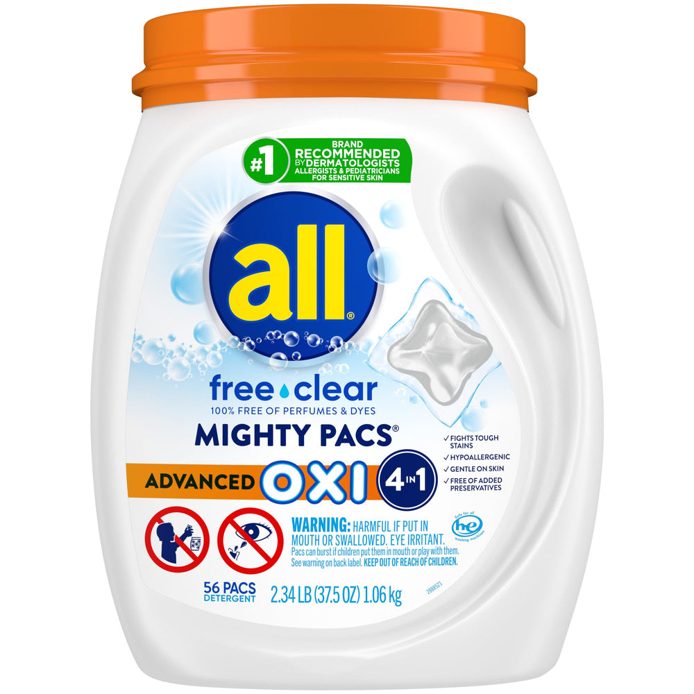 All Free Clear OXI Mighty Pacs front-pack showing stain-fighting power without fragrance