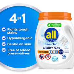 All Free Clear OXI Mighty Pacs pack-dispensing demonstrating mess-free dosing