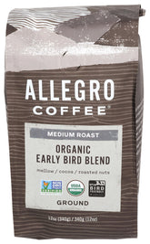Allegro Coffee Early Bird Ground Coffee label shows premium blend with smooth body.
