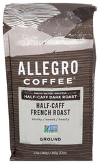 Allegro Coffee Half Caff French Roast bag front shows Swiss Water Process for smooth flavor.