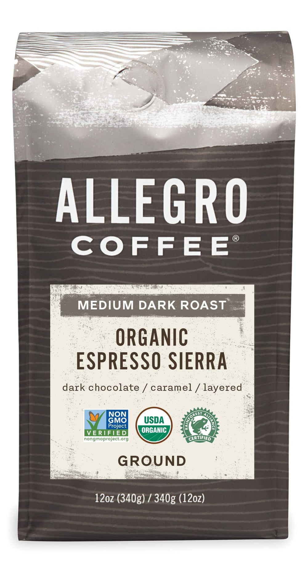 Allegro Coffee Organic Espresso Sierra ground coffee packaging shown for home use