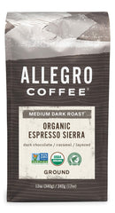 Allegro Coffee Organic Espresso Sierra ground coffee packaging shown for home use