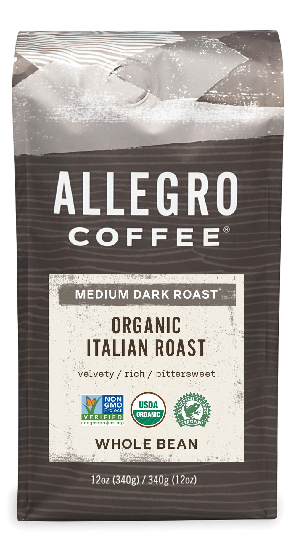 Allegro Coffee Organic Italian Roast whole beans in a 12 oz bag, ideal for bold espresso.
