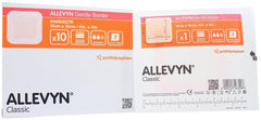 Allevyn Gentle Border dressing 4x4 in box of 10, gentle fixation and breathable protection.