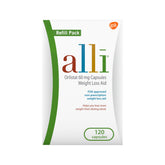 Alli bottle closeup showing 60 mg orlistat capsules for weight management