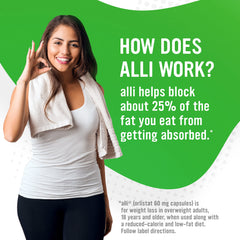 Alli orlistat capsules label with non-prescription fat absorption support