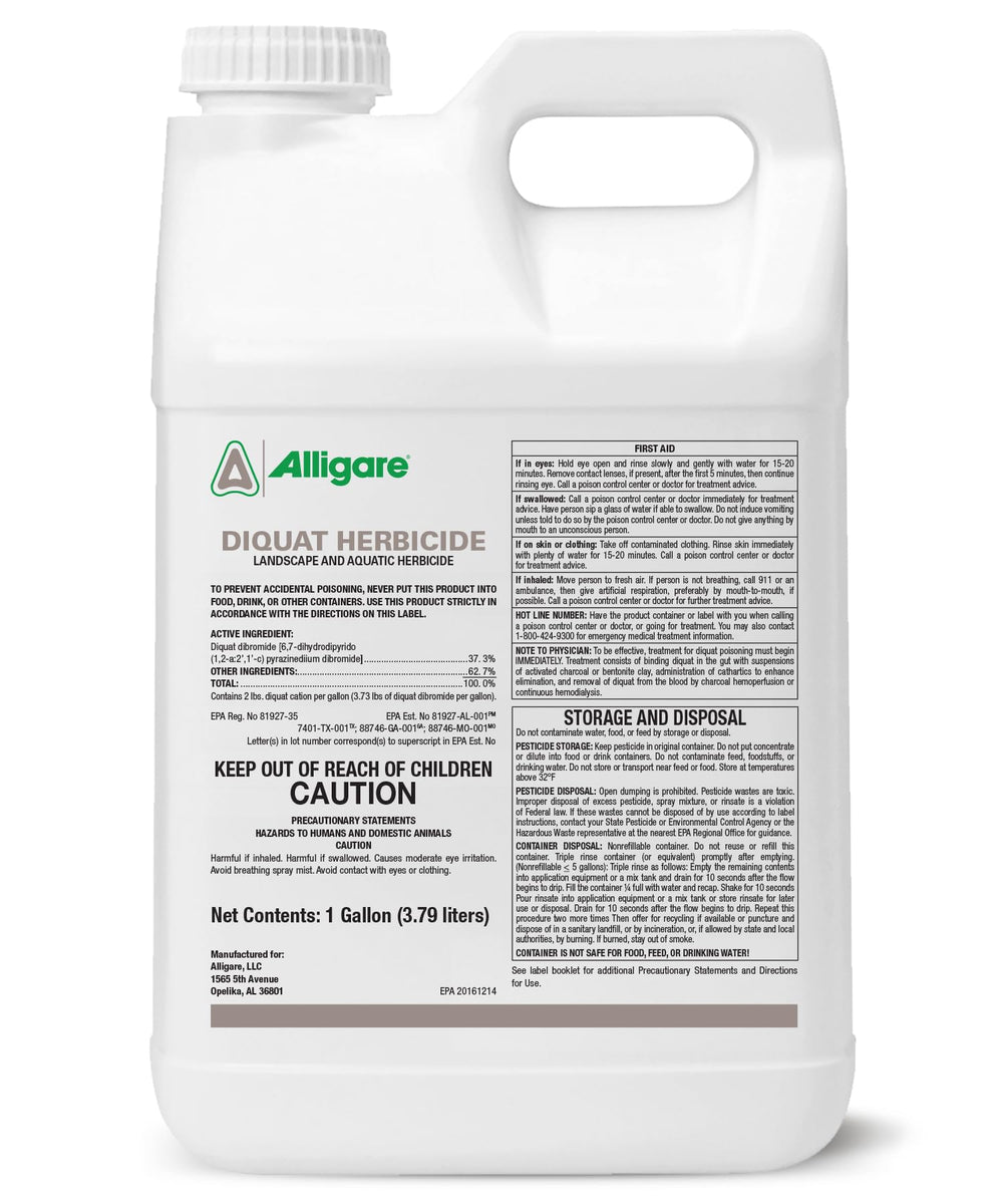 ALLIGARE Diquat Aquatic Herbicide bottle aids pond weed control and landscape maintenance.