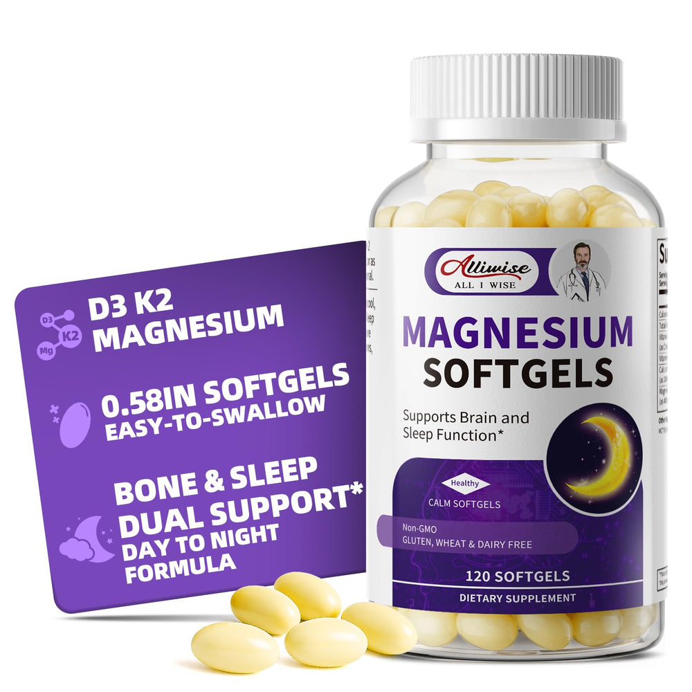 Alliwise magnesium glycinate softgels bottle, easy to swallow for daily use.