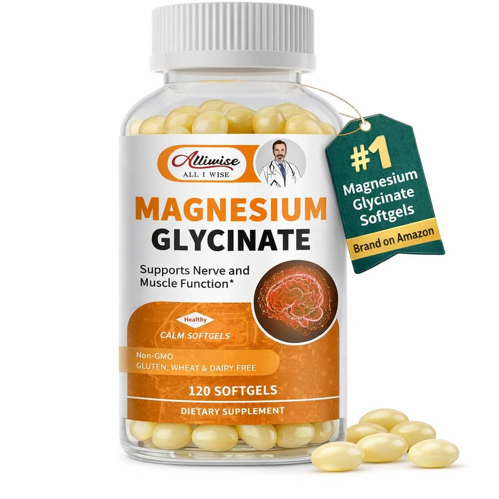 Alliwise magnesium glycinate softgels bottle on shelf for daily relaxation support