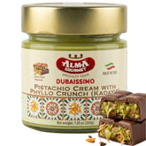 Alma Gourmet Dubaissimo pistachio cream with kadayif jar closeup, creamy texture ideal for premium desserts.