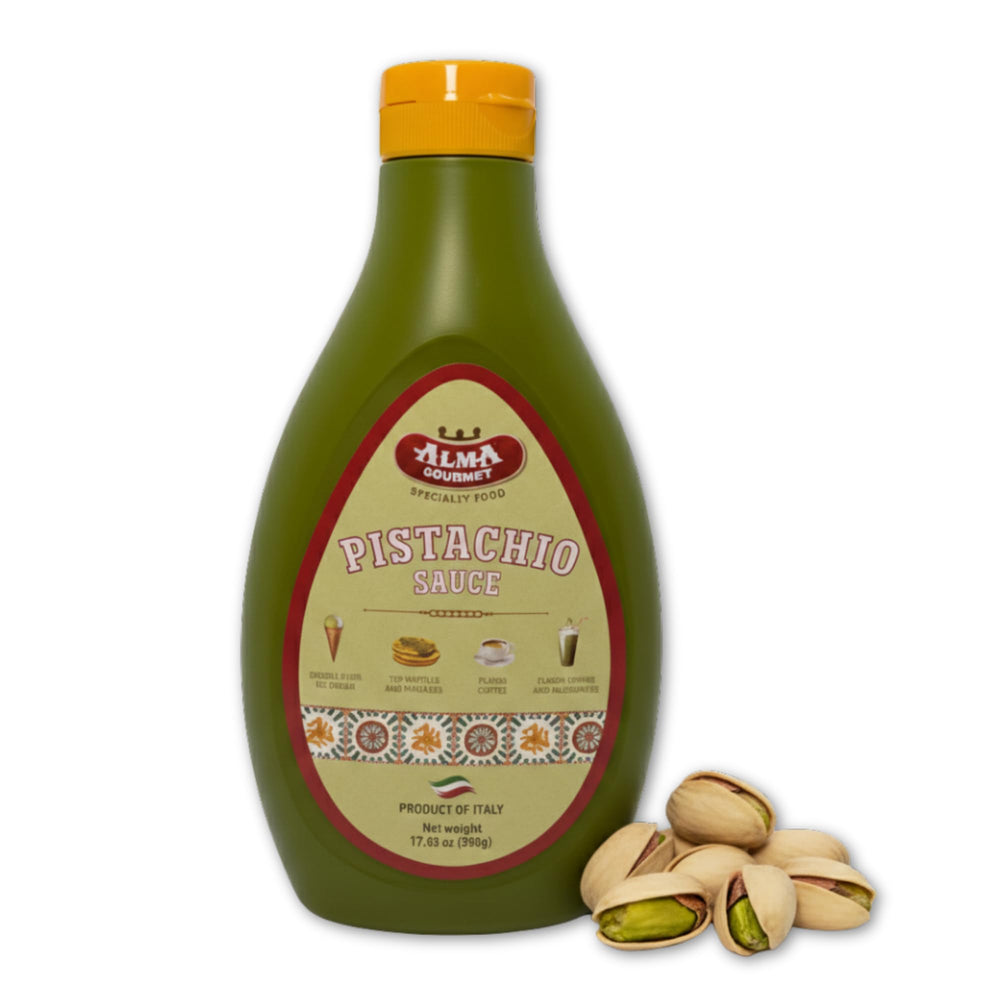 Alma Gourmet Sicilian Pistachio Sauce bottle pour for smooth drizzle