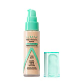 Almay Clear Complexion foundation buff swatch showing buildable coverage and soft matte finish.