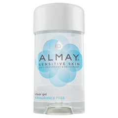 Almay Sensitive Skin Clear Gel Deodorant bottle shows fragrance-free daily protection.