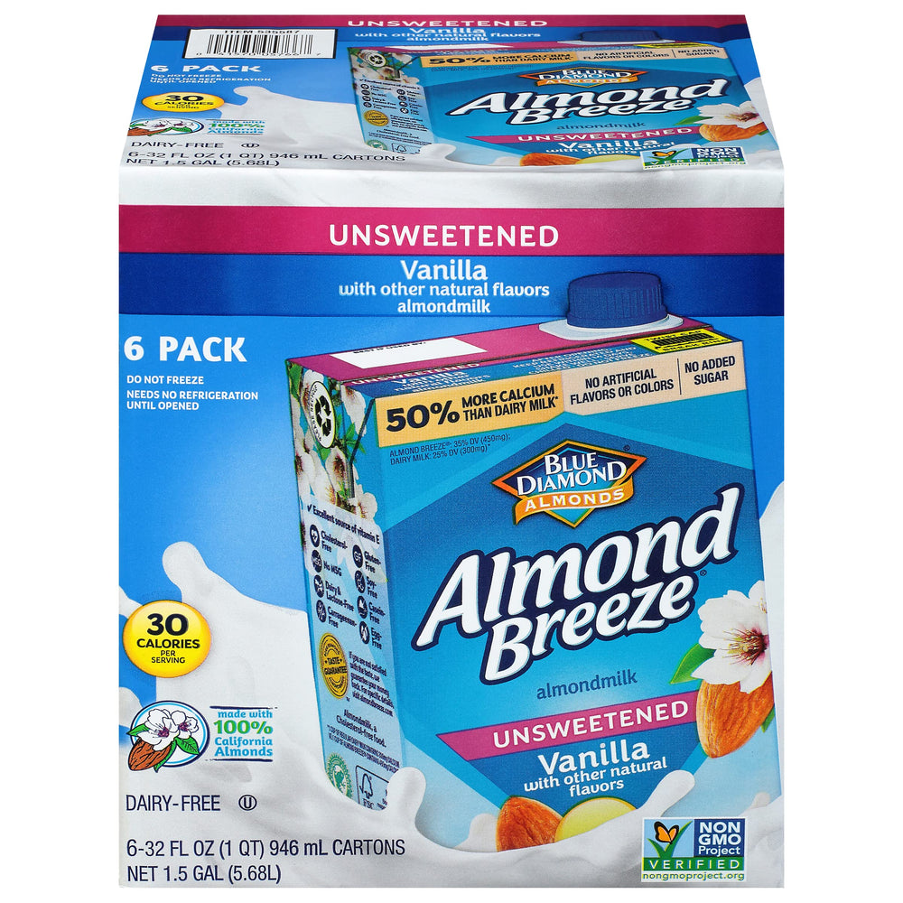 Almond Breeze unsweetened vanilla almond milk front packaging for daily dairy-free use