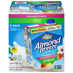 Almond Breeze unsweetened original six-pack cartons for dairy-free milk.