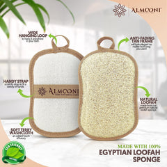 ALMOONI loofah pad with hand strap enables controlled cleansing