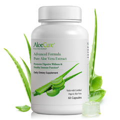 AloeCure Aloe Vera Capsules bottle closeup, showing organic formula for gentle digestion.