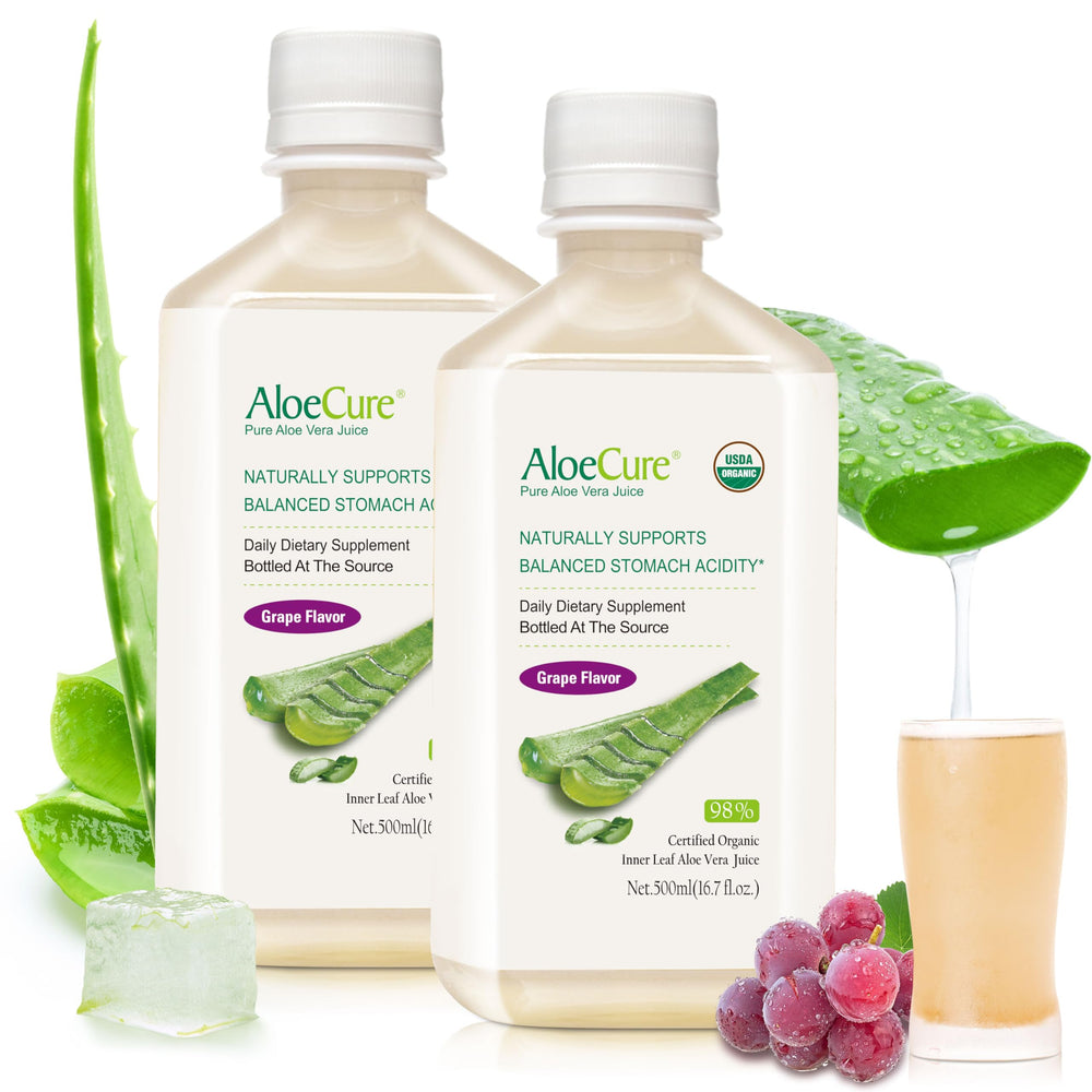 AloeCure USDA Organic Aloe Vera Juice grape flavor bottle for daily hydration and gentle digestion