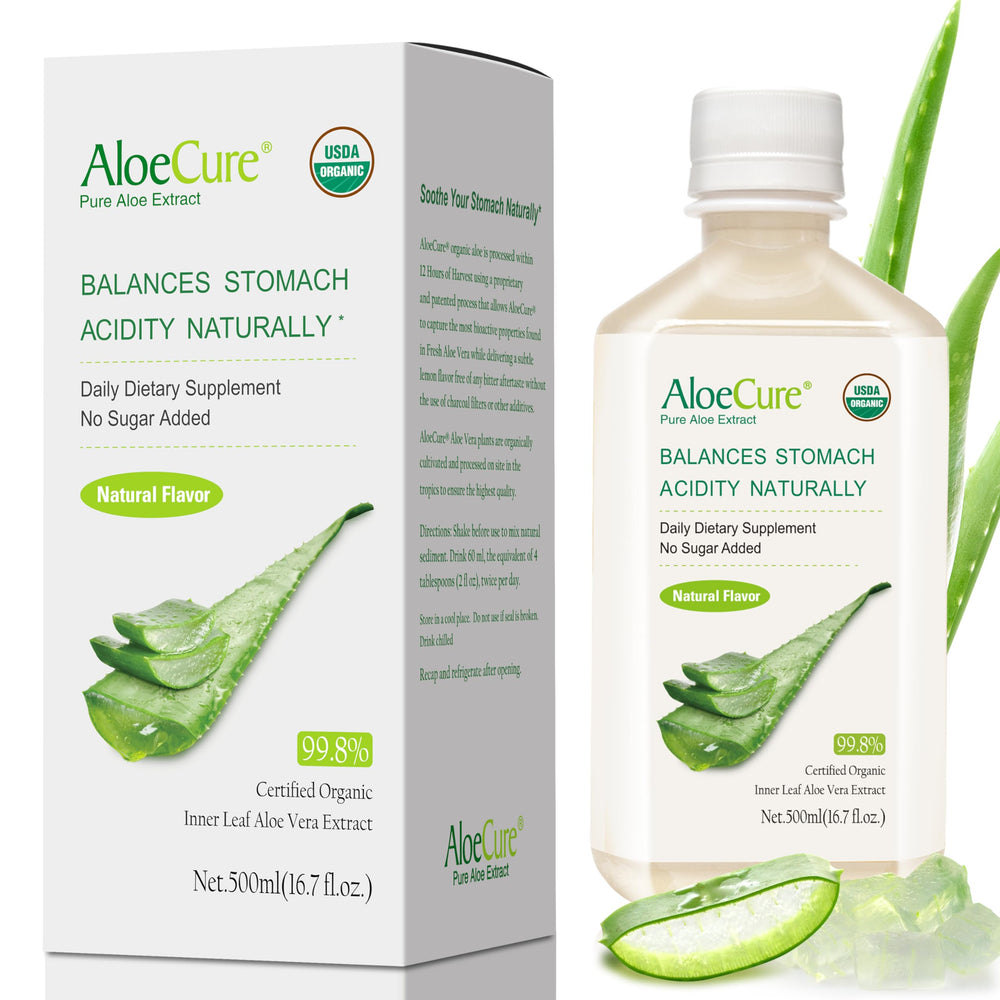 AloeCure USDA Organic Aloe Juice bottle with pure inner gel for digestive wellness