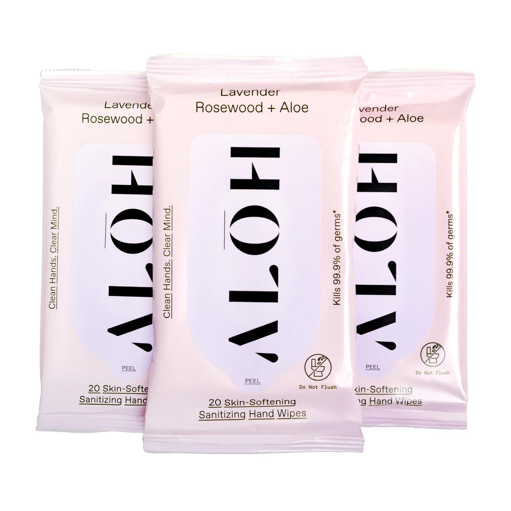 ALŌH antibacterial wipes lavender rosewood bottle — luxurious hydration and quick on-the-go cleansing